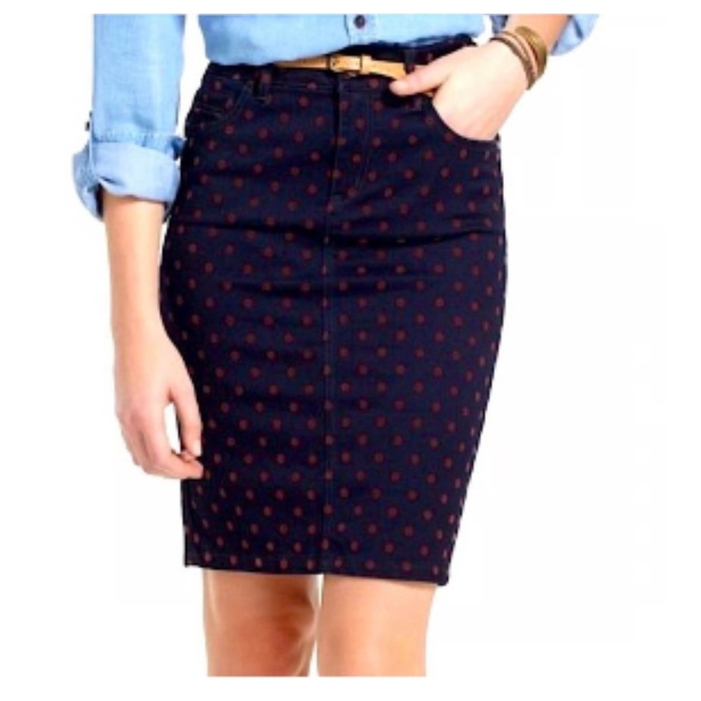 Pilcro and the Letterpress Polka Dot Denim Pencil Skirt Dark Wash Blue Red Sz 28